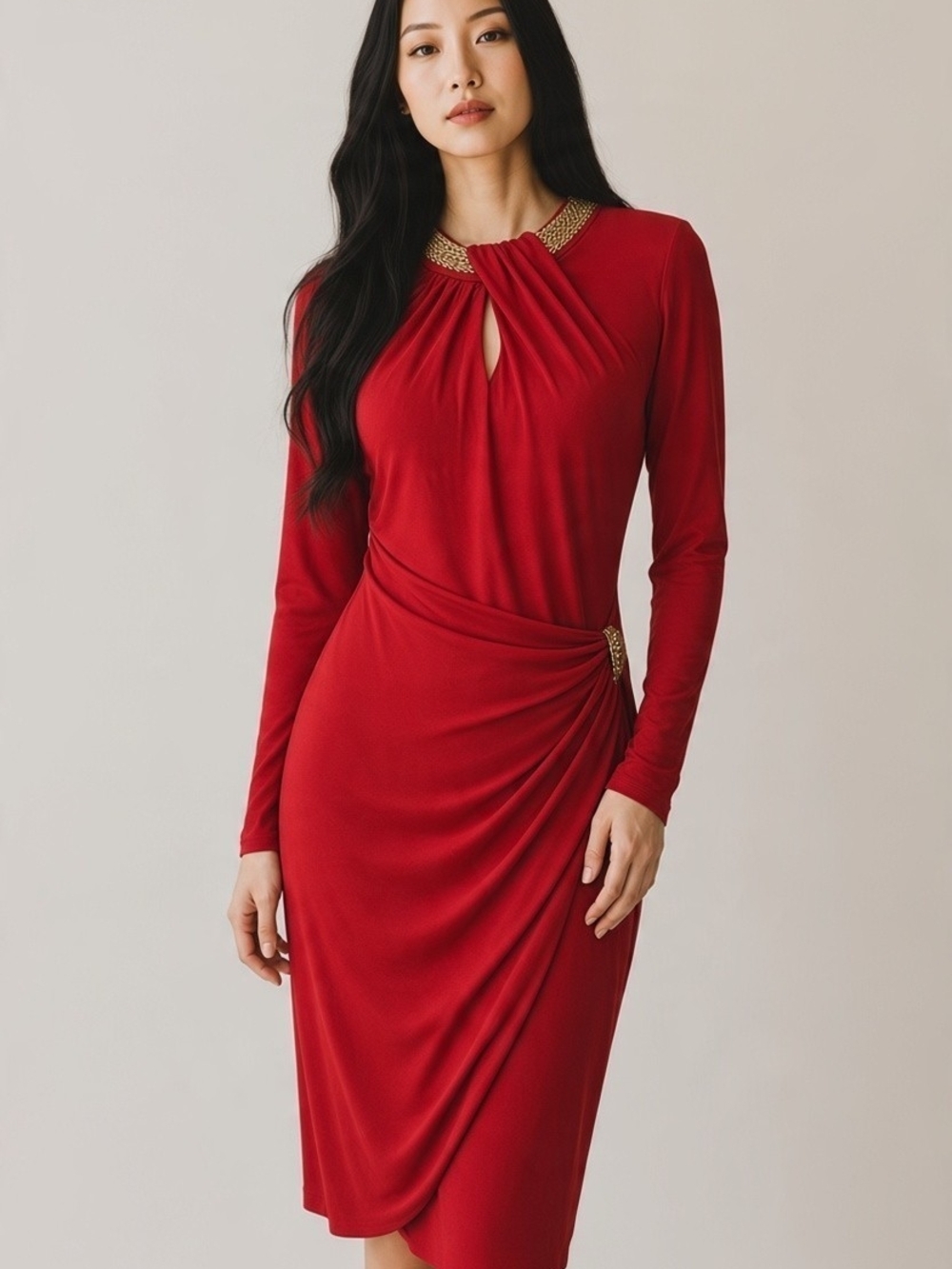 Cache Red Long Sleeve Ruched Bodycon Party Dress Gold Embellished Medium